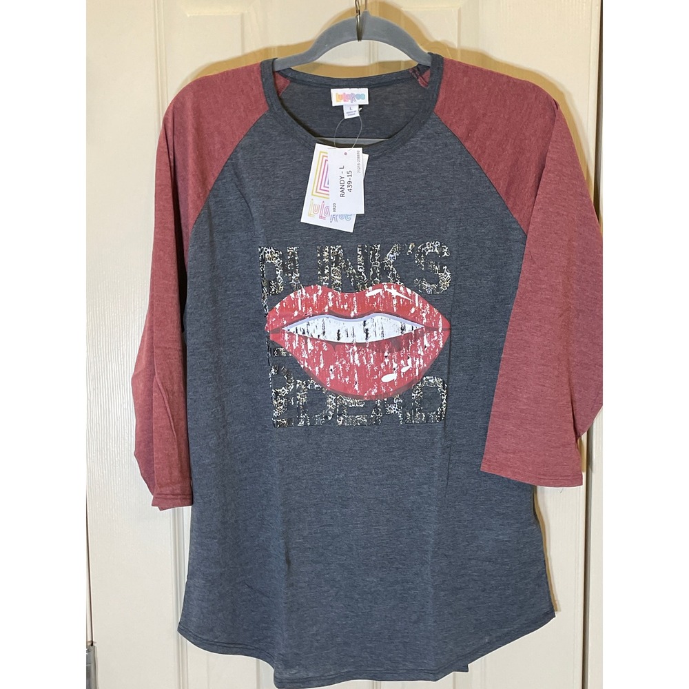 LuLaRoe Randy Top Women Large Grey Red NWT Raglan Graphic Lips Leopard Print